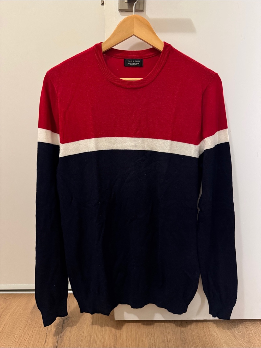 Zara Men’s Red, Navy & White Block Crewneck Sweater